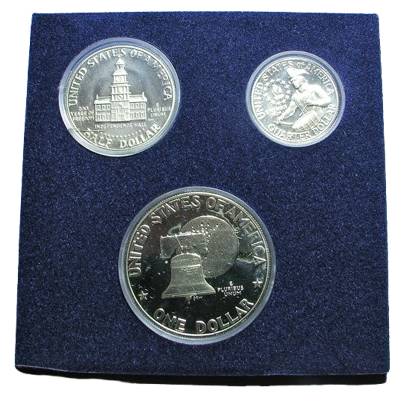 The 1976 Bicentennial coins: Quarter, Dollar coin, and Half Dollar coin. 