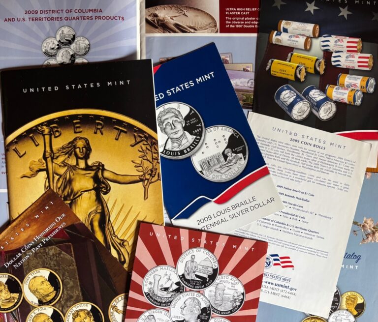 2009 U.S. Mint products included the Saint-Gaudens Ultra High Relief gold coin, D.C. and U.S. Territorial Quarters, the Louis Braille commemorative silver dollar, and many other exciting products as seen in these U.S. Mint catalogs and pamphlets. 2009 U.S. Mint products included the Saint-Gaudens Ultra High Relief gold coin, D.C. and U.S. Territorial Quarters, the Louis Braille commemorative silver dollar, and many other exciting products as seen in these U.S. Mint catalogs and pamphlets. photo by Joshua at U.S. Coins Guide.