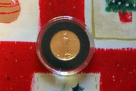 A 1999 gold eagle coin against Christmas wrapping paper. photo by Joshua at TheFunTimesGuide.com A 1999 gold eagle coin against Christmas wrapping paper.