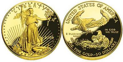 A 2006 U.S. $50, 1 ounce proof U.S. gold bullion coin.