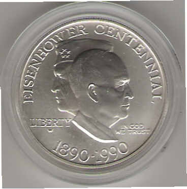 This is a 1990 Dwight Eisenhower silver collar commemorative coin.