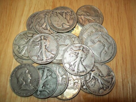 A pile of junk silver coins.