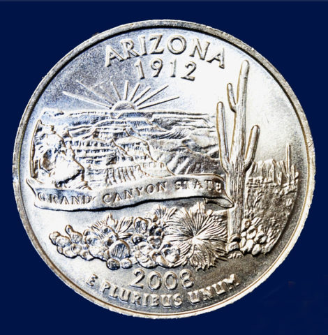 Arixona state quarter featuring Cacti and other desert plants