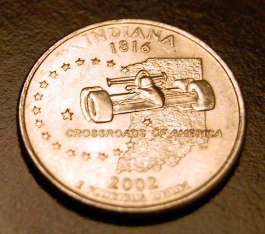 Indiana state quarter featuring an Indy car
