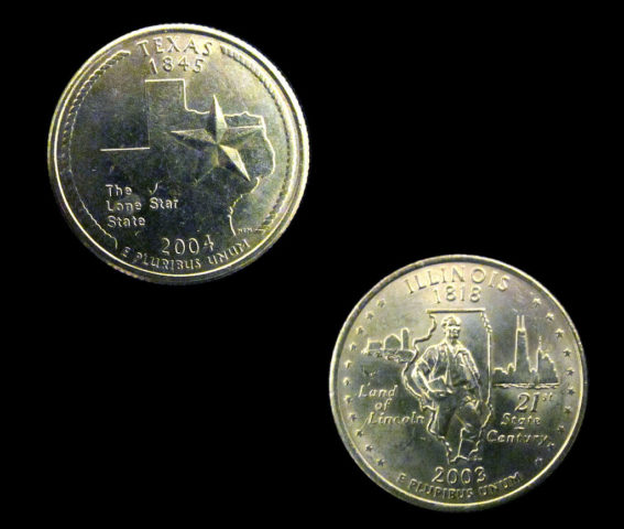 The Texas State quarter features the outline of the state od Texas along with the state of Illinois