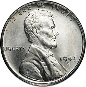 Most 1943 pennies are worth 10 to 25 cents if worn. photo is public domain old-pennies-1943