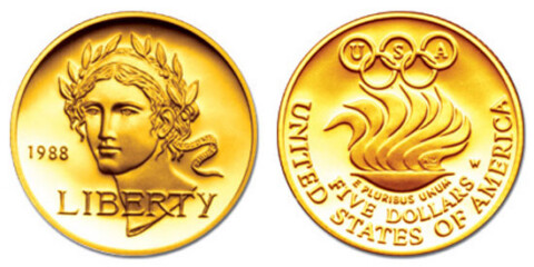The 1988 Seoul Olympics $5 gold coin features the head of Nike, the Greek goddess of victory. public domain photo. Olympic Coins