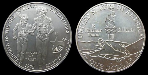 The 1995 Blind Runner Paralympics silver dollar is the first U.S. coin to feature Braille. public domain photo. Olympic Coins