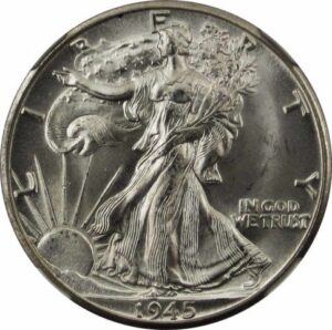 The obverse of the Walking Liberty half dollar shows Miss Liberty walking through a sunlit valley. public domain photo obverse of the walking liberty half dollar coin