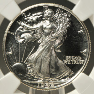 This is a proof Walking Liberty half dollar coin in a third-party coin certification slab. photo by user 41281796@N04on Flickr. Proof Walking Liberty Half Dollar coin