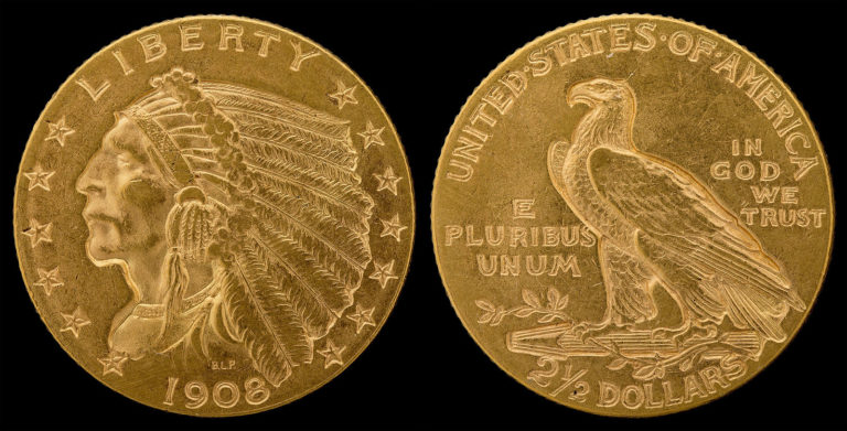 This is a $2.50 Indian Head Quarter Eagle gold coin - $2.50 gold coin. photo by National Numismatic Collection, National Museum of American History This is a $2.50 Indian Head Quarter Eagle gold coin - $2.50 gold coin