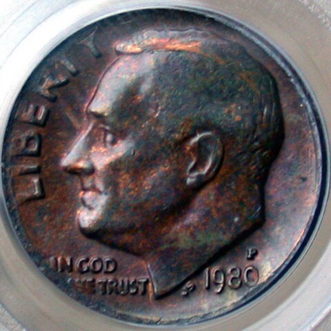 This is a 1980-P Roosevelt dime with the obverse clad layer missing. photo by coinpage.com 1980 dime with obverse missing clad layer
