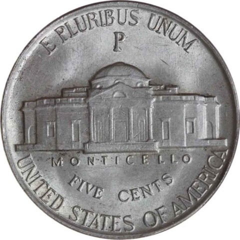 1942 war nickels contain silver and show a large mintmark above the dome of Monticello on the reverse. See how much your 1943 silver nickels are worth here! public domain photo.