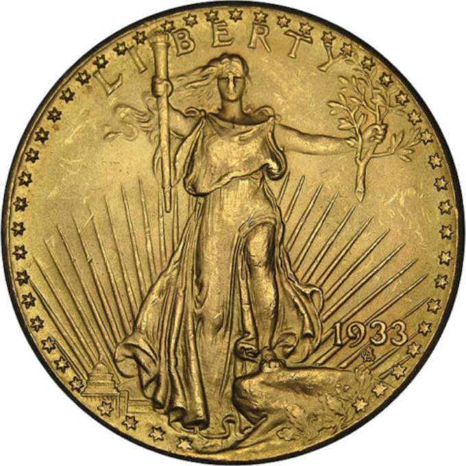 This is the 1933 gold double eagle coin with a $20 face value (obverse). This is the 1933 gold double eagle coin with a $20 face value (obverse).