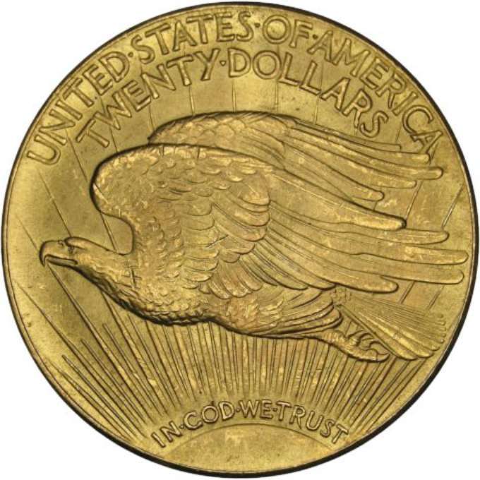 This is the 1933 gold double eagle coin with a $20 face value (reverse). This is the 1933 gold double eagle coin with a $20 face value (reverse).