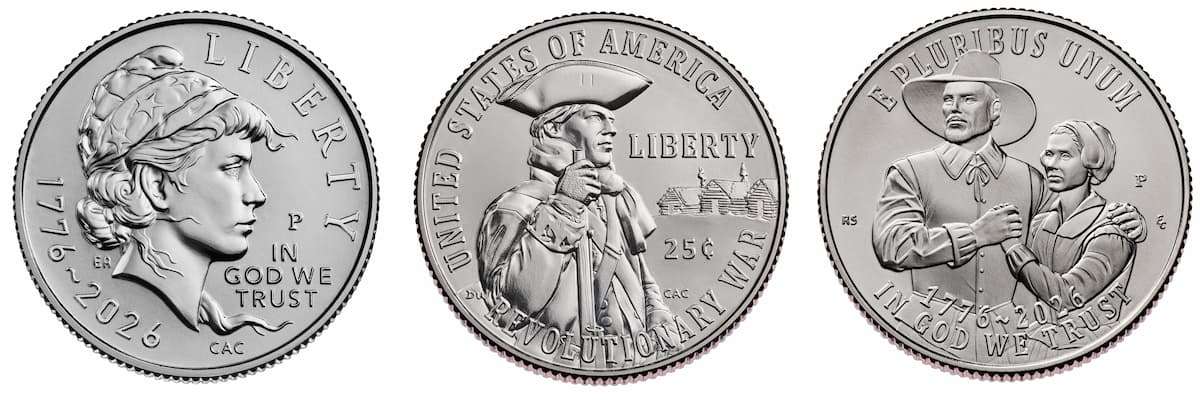 Three of the many 2026 semiquincentennial coin designs released by the United States Mint.