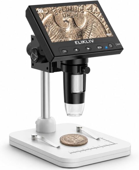 This coin microscope has a magnification range of 50x to 1000x.