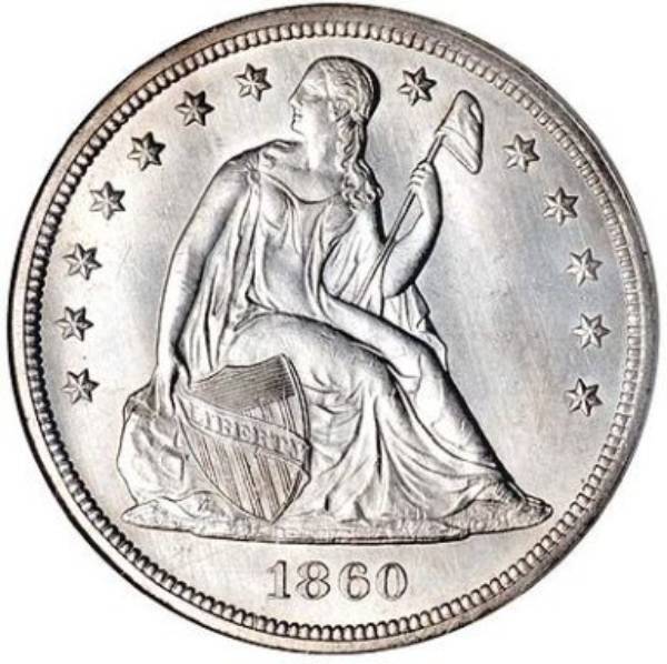 This is an 1860 Liberty Seated silver dollar. 