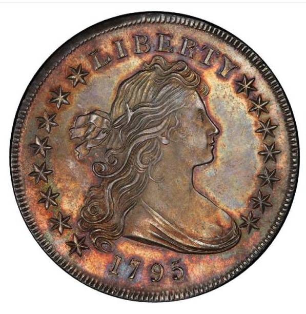 This is a 1795 Draped Bust silver dollar. 