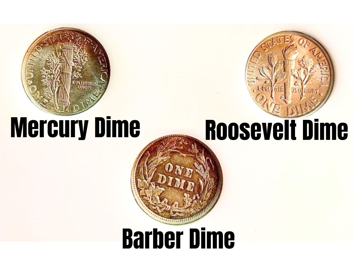 Pictured clockwise are reverse views of the Mercury dime, Roosevelt dime, and Barber dime. 