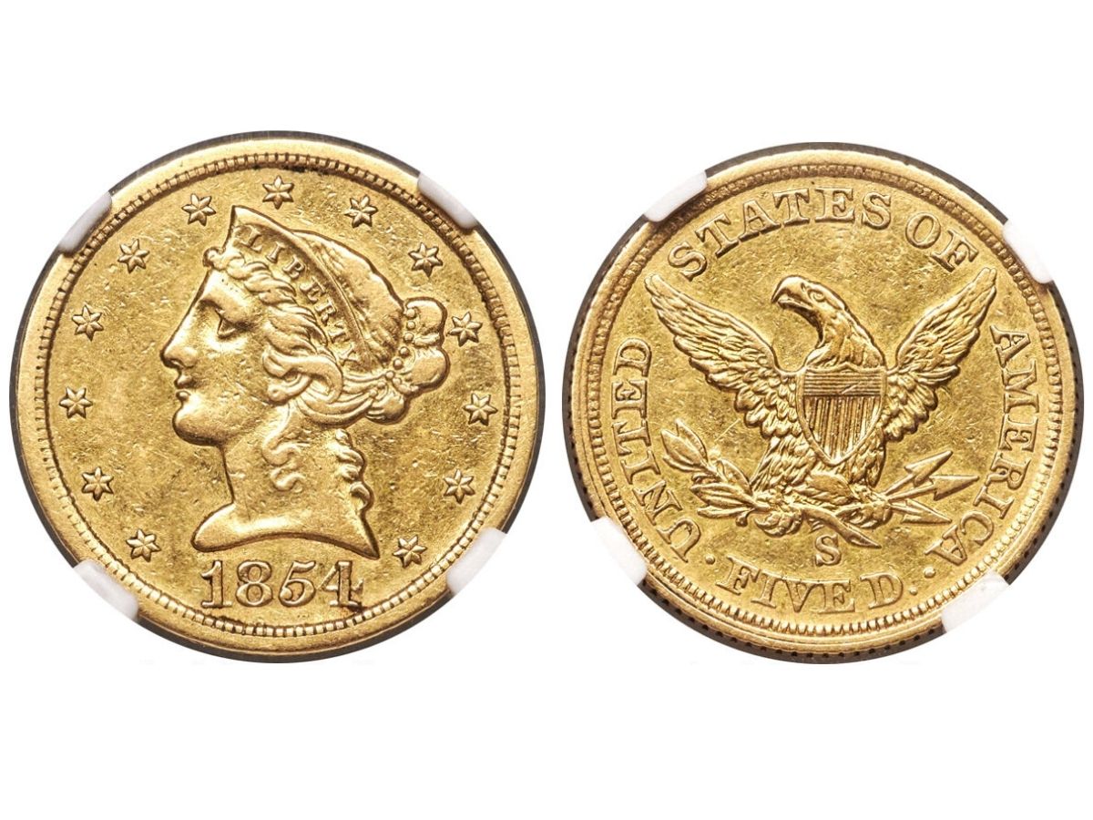 This is a rare 1854-S Liberty Head Half Eagle. 