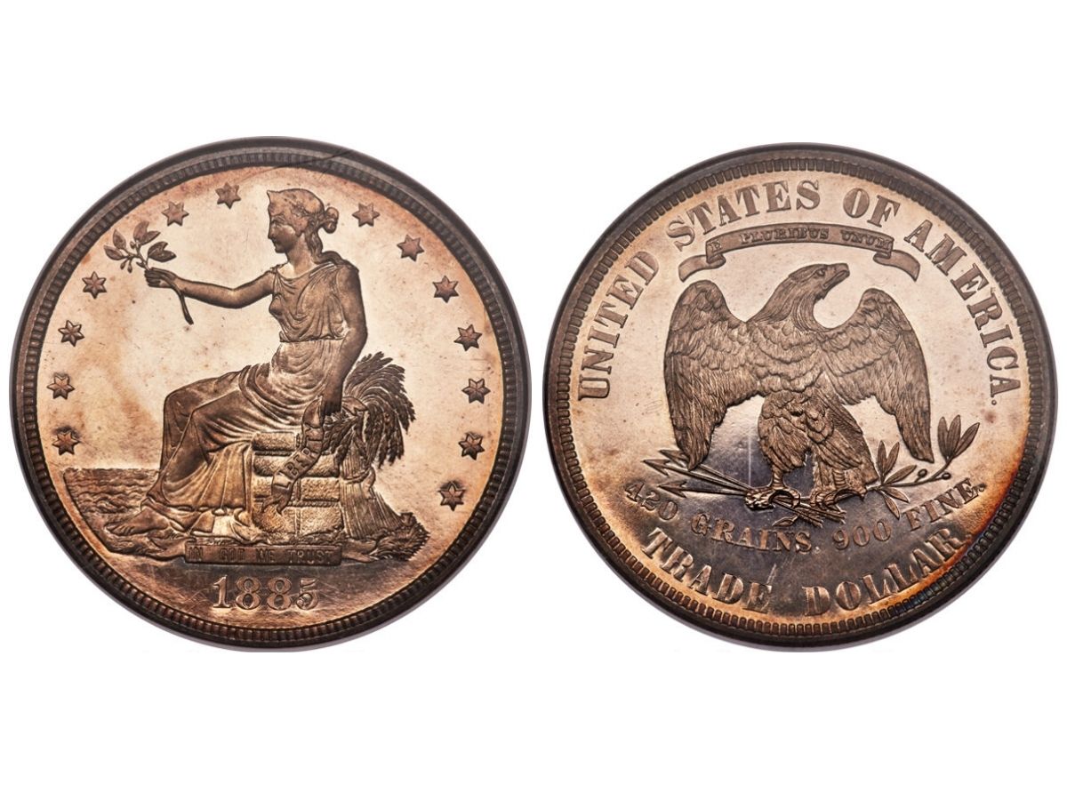 This is a rare 1885 Trade Silver Dollar.